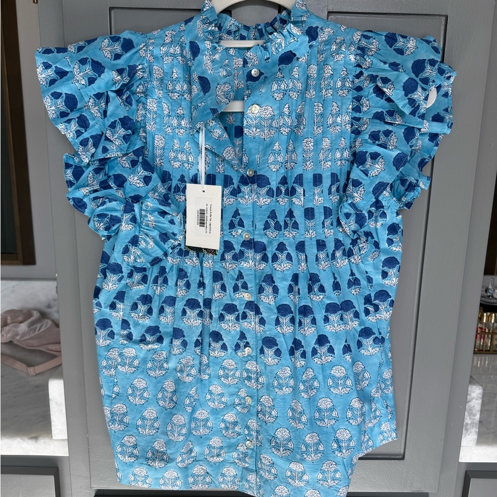 Oliphant Blue and White Ruffled Top - Picture 2 of 2